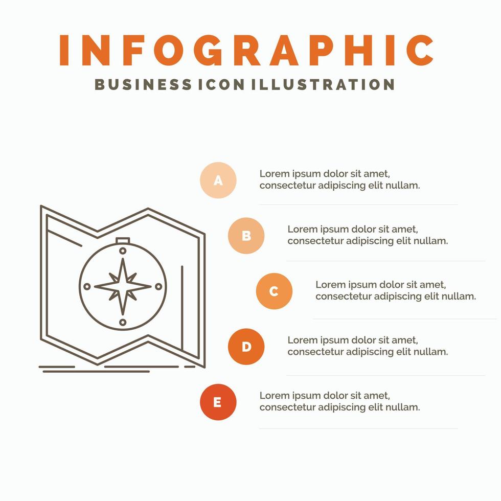 direction. explorer. carte. naviguer. modèle d'infographie de navigation pour le site Web et la présentation. icône grise de ligne avec illustration vectorielle de style infographie orange vecteur