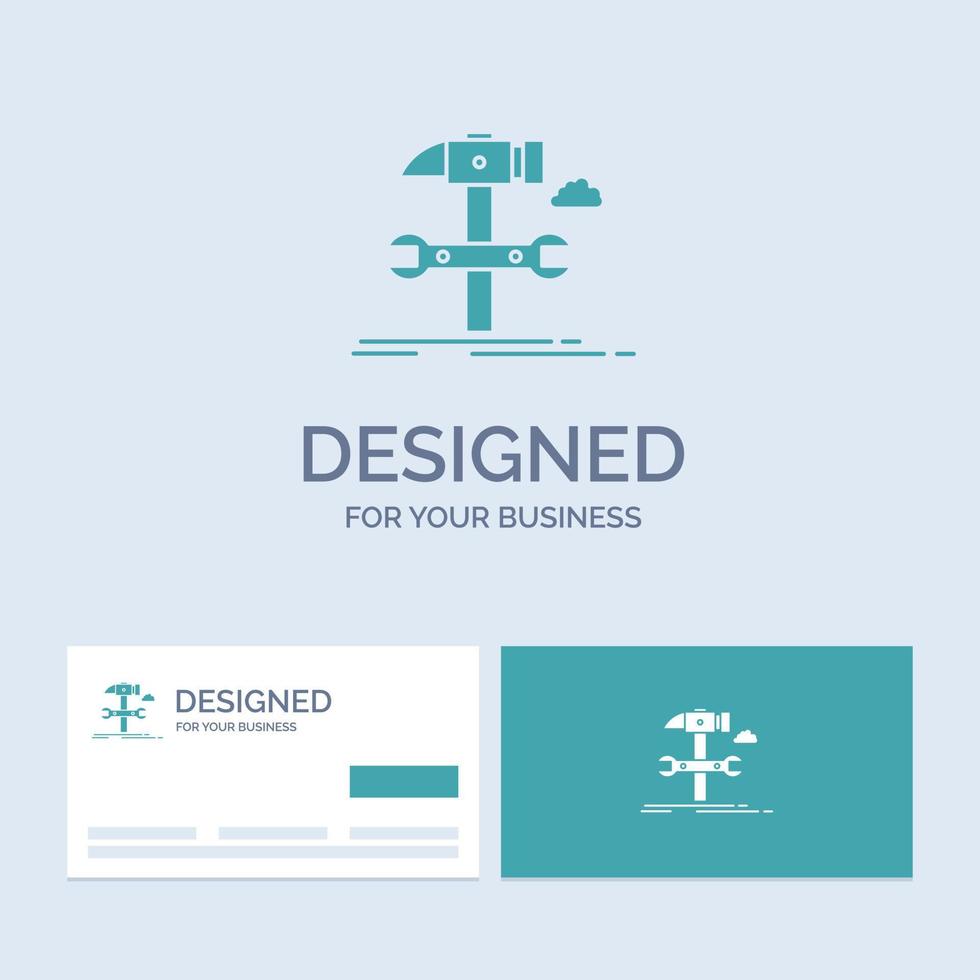 construire. ingénierie. marteau. réparation. symbole d'icône de glyphe de logo d'entreprise de service pour votre entreprise. cartes de visite turquoise avec modèle de logo de marque. vecteur