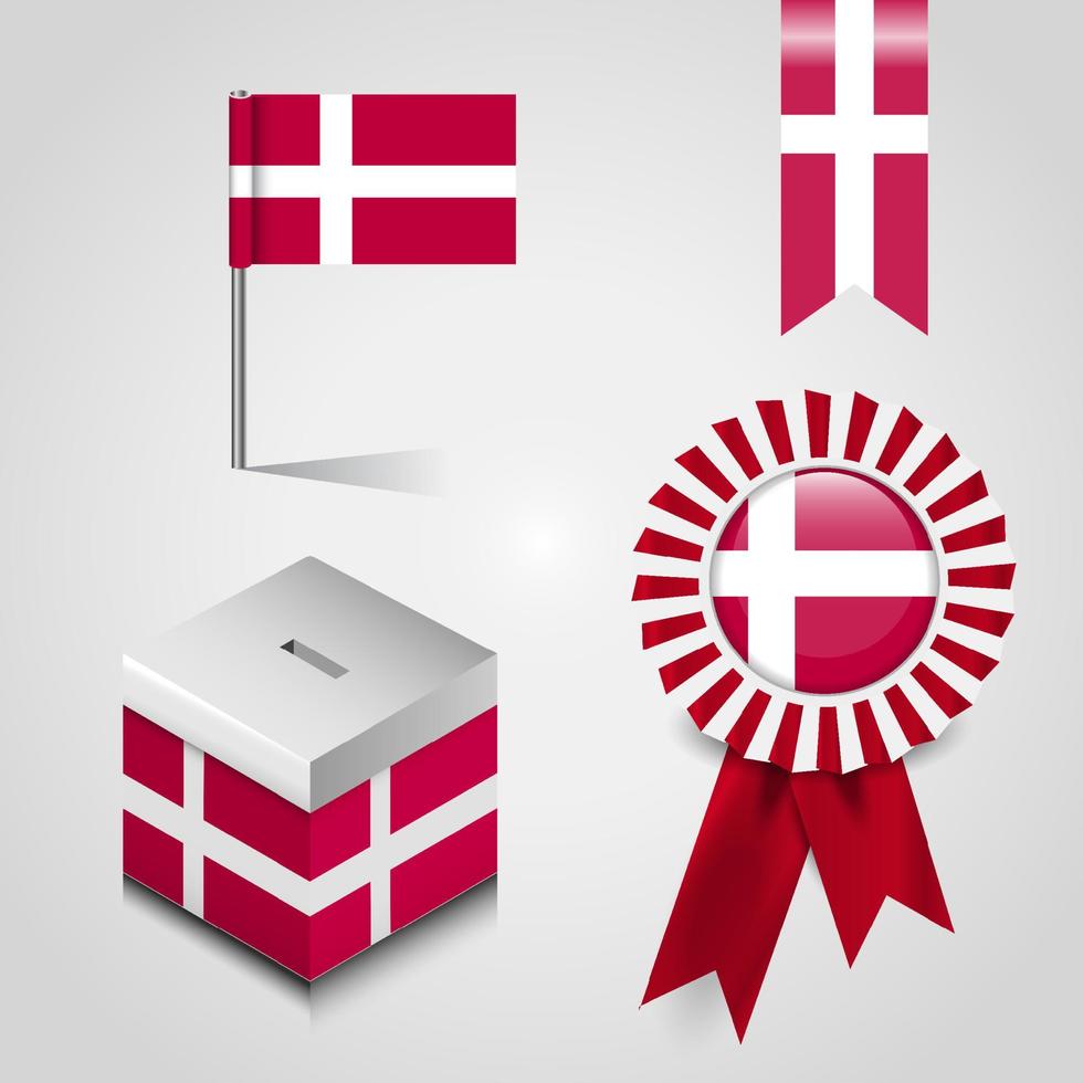 place du drapeau du pays du danemark sur la boîte de vote. bannière de badge ruban et épingle de carte vecteur