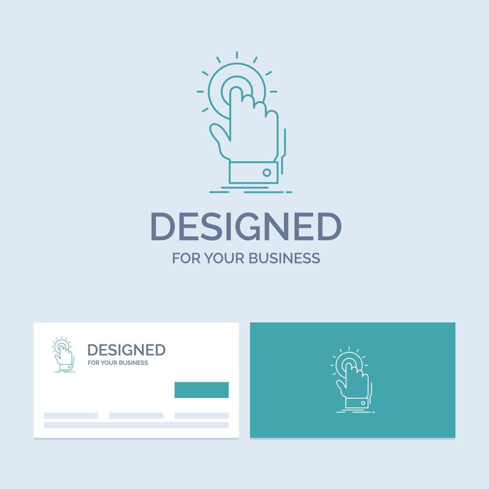 toucher. Cliquez sur. main. sur. démarrer le symbole d'icône de ligne de logo d'entreprise pour votre entreprise. cartes de visite turquoise avec modèle de logo de marque vecteur