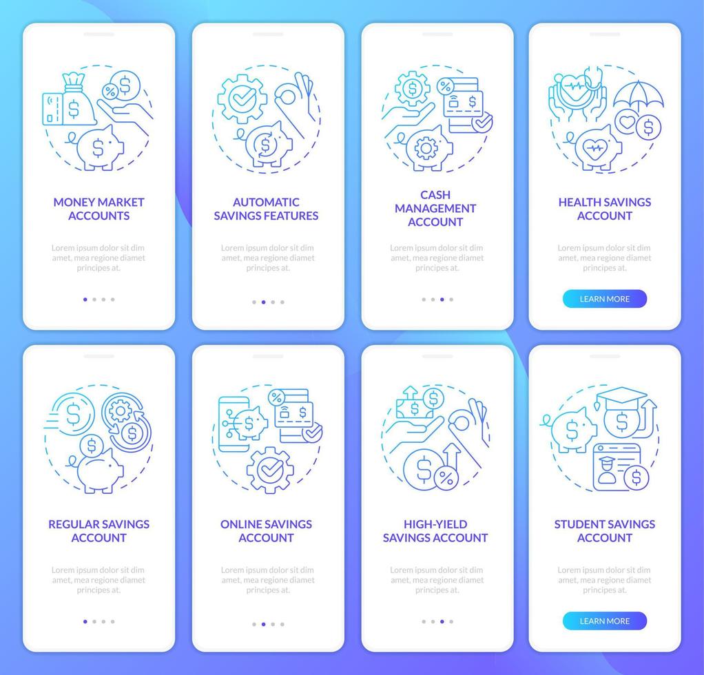 types de comptes d'enregistrement ensemble d'écrans d'application mobile d'intégration à gradient bleu. instructions graphiques en 4 étapes avec des concepts linéaires. ui, ux, modèle d'interface graphique. vecteur