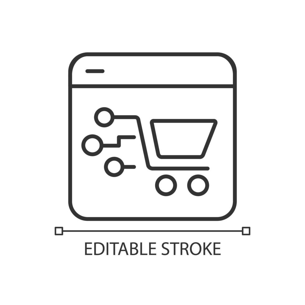 icône linéaire de plate-forme de commerce électronique. création de boutique en ligne. genre de site Web. vendre des produits. commerce électronique. illustration de la ligne mince. symbole de contour. dessin de contour vectoriel. trait modifiable. vecteur