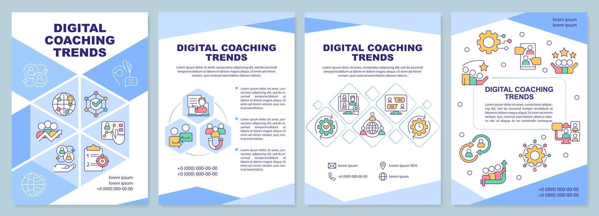 modèle de brochure bleu sur les tendances du coaching numérique. mentorat. conception de dépliant avec des icônes linéaires. 4 mises en page vectorielles modifiables pour la présentation, les rapports annuels. vecteur