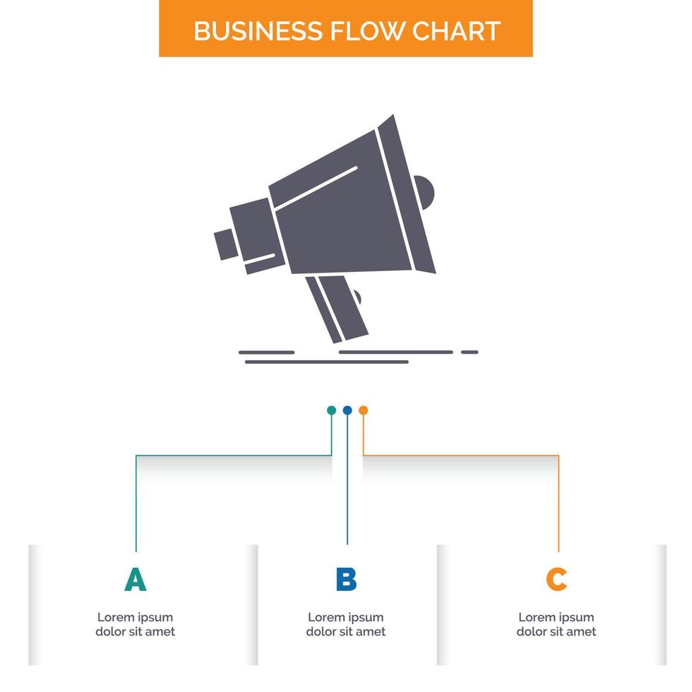 mégaphone. numérique. commercialisation. médias. conception d'organigramme d'affaires de mégaphone avec 3 étapes. icône de glyphe pour la place du modèle d'arrière-plan de présentation pour le texte. vecteur