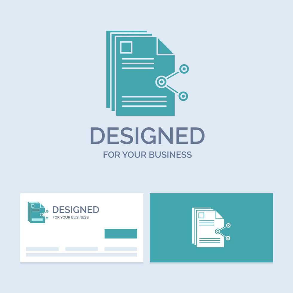 contenu. des dossiers. partage. partager. symbole d'icône de glyphe de logo d'entreprise de document pour votre entreprise. cartes de visite turquoise avec modèle de logo de marque. vecteur