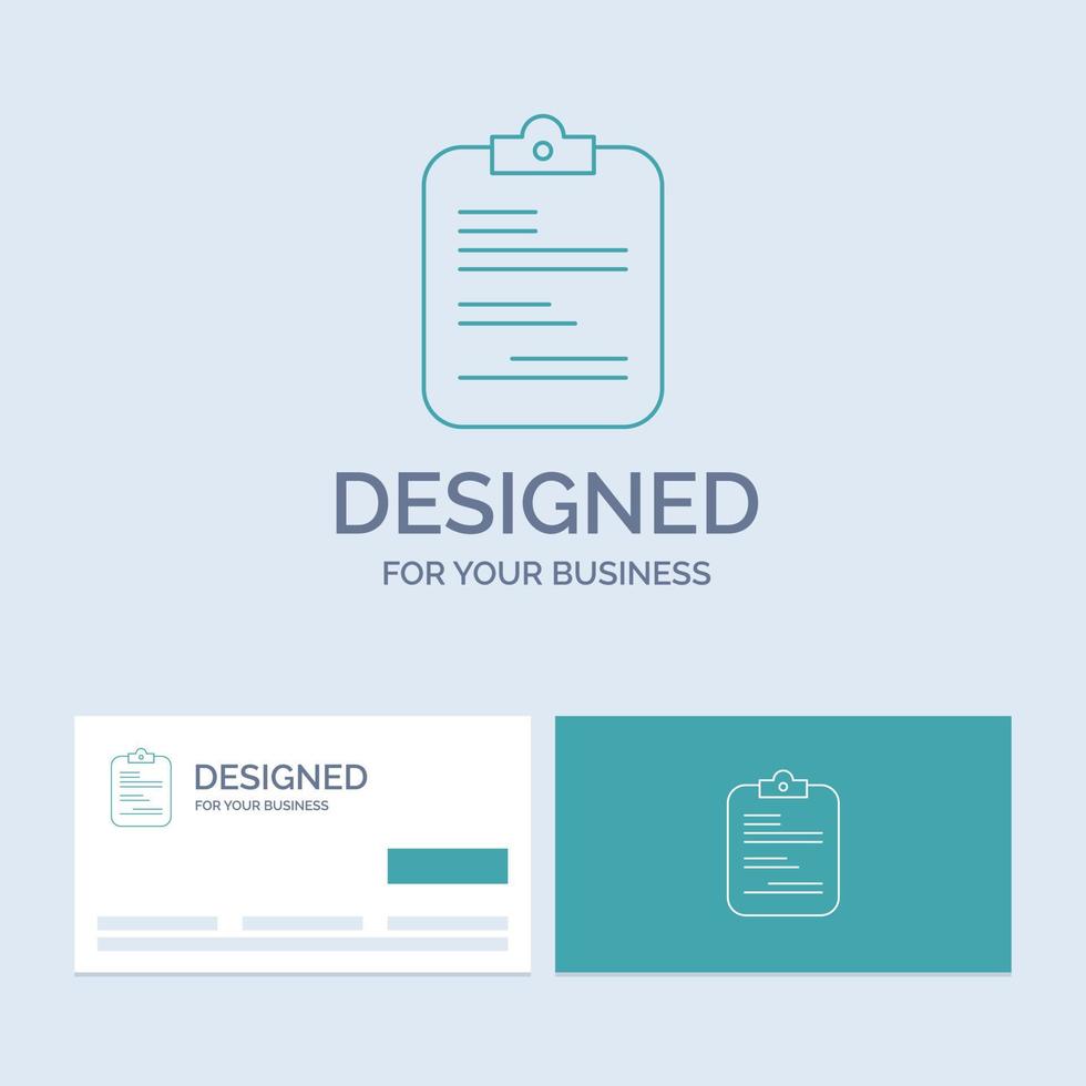 rapport. médical. papier. liste de contrôle. symbole d'icône de ligne de logo d'entreprise de document pour votre entreprise. cartes de visite turquoise avec modèle de logo de marque vecteur