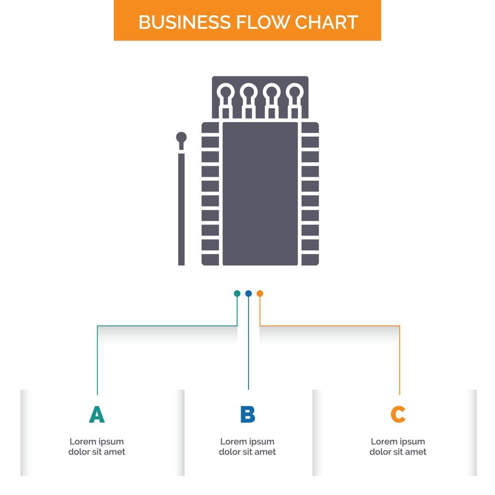 allumettes. camping. Feu. feu. conception d'organigramme d'affaires de boîte avec 3 étapes. icône de glyphe pour la place du modèle d'arrière-plan de présentation pour le texte. vecteur