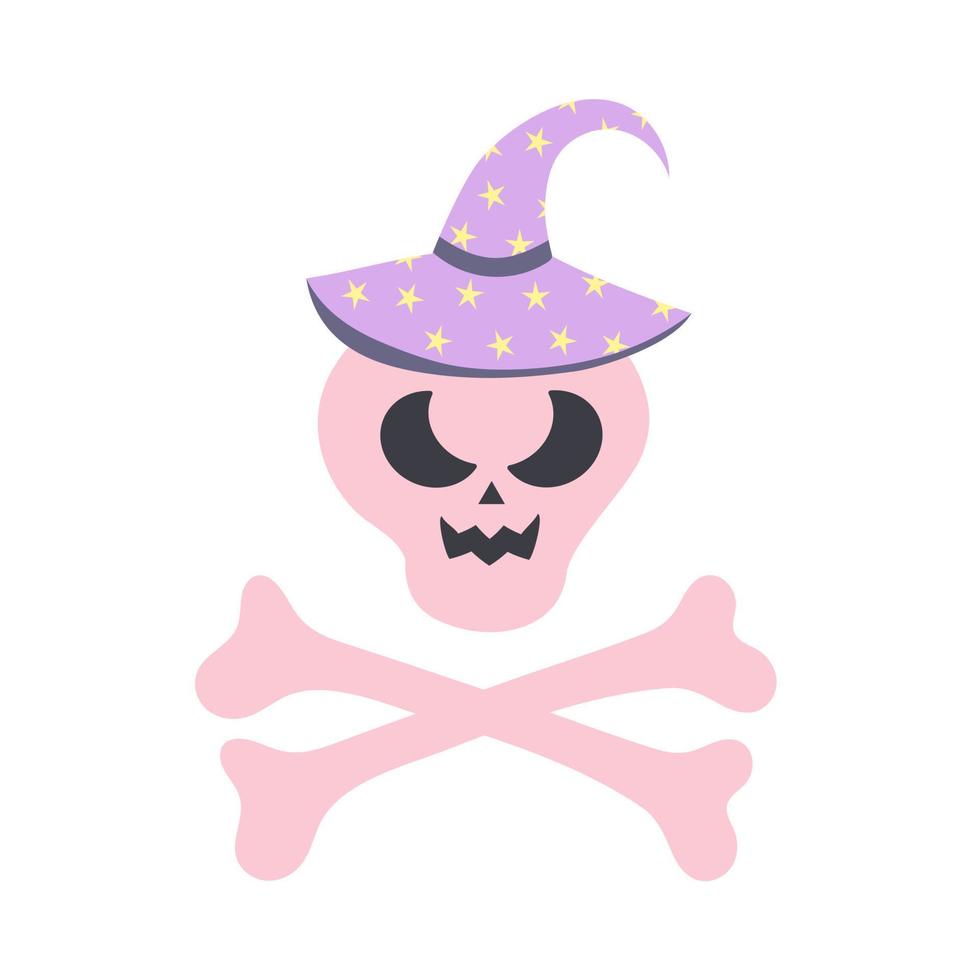 crâne dans un chapeau d'halloween avec des os croisés aux couleurs rose pastel. vecteur