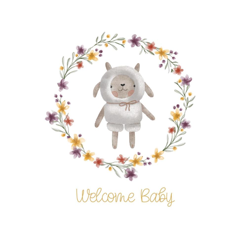 carte de bienvenue bébé aquarelle avec couronne de feuilles vertes, mouton en peluche. isolé sur fond blanc. cliparts dessinés à la main. parfait pour la carte, la carte postale, l'étiquette, l'invitation, l'impression, l'emballage. vecteur