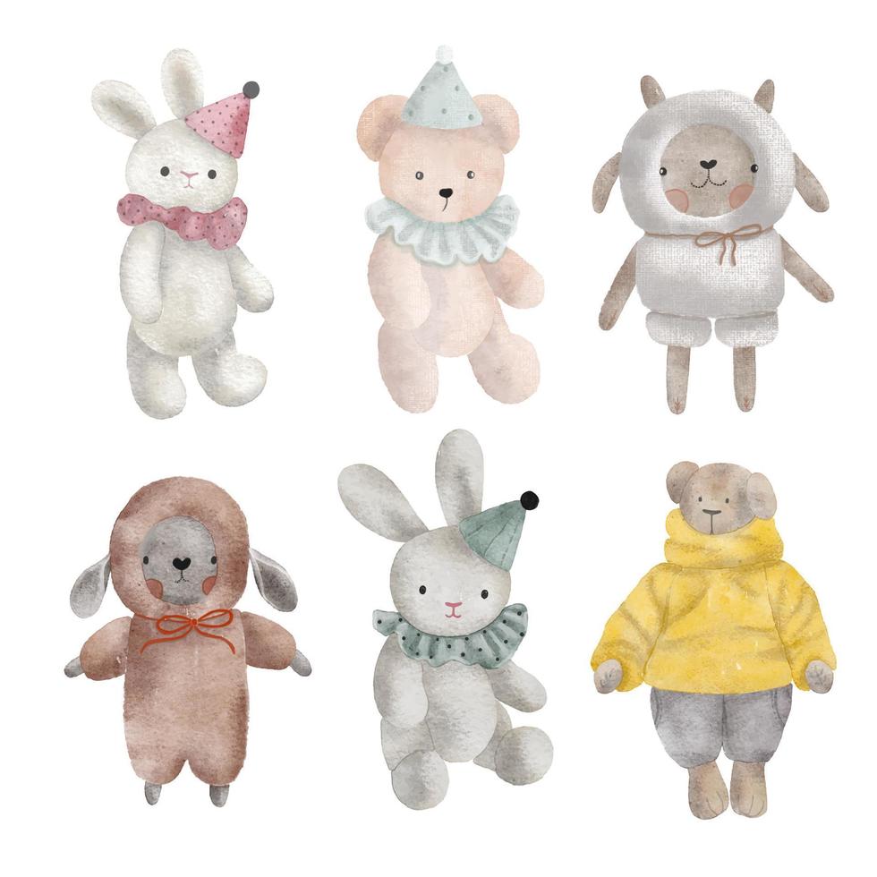 ensemble de lapin en peluche vecteur aquarelle, ours, mouton.