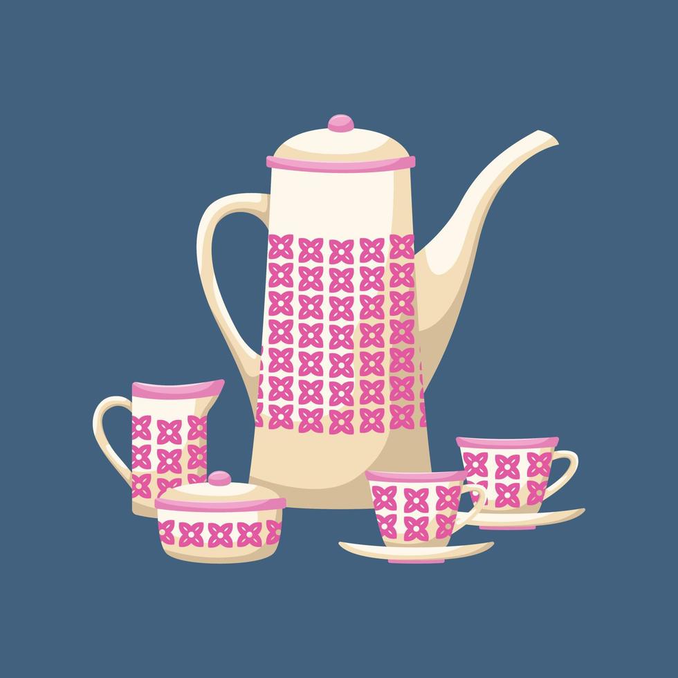 illustration vectorielle d'un service à thé rétro. une théière, un sucrier, un pot à lait et deux paires de thé. vecteur