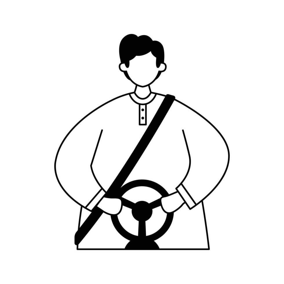 illustration vectorielle d'un conducteur portant une ceinture de sécurité et les mains sur le volant. profession. dessin au trait vecteur