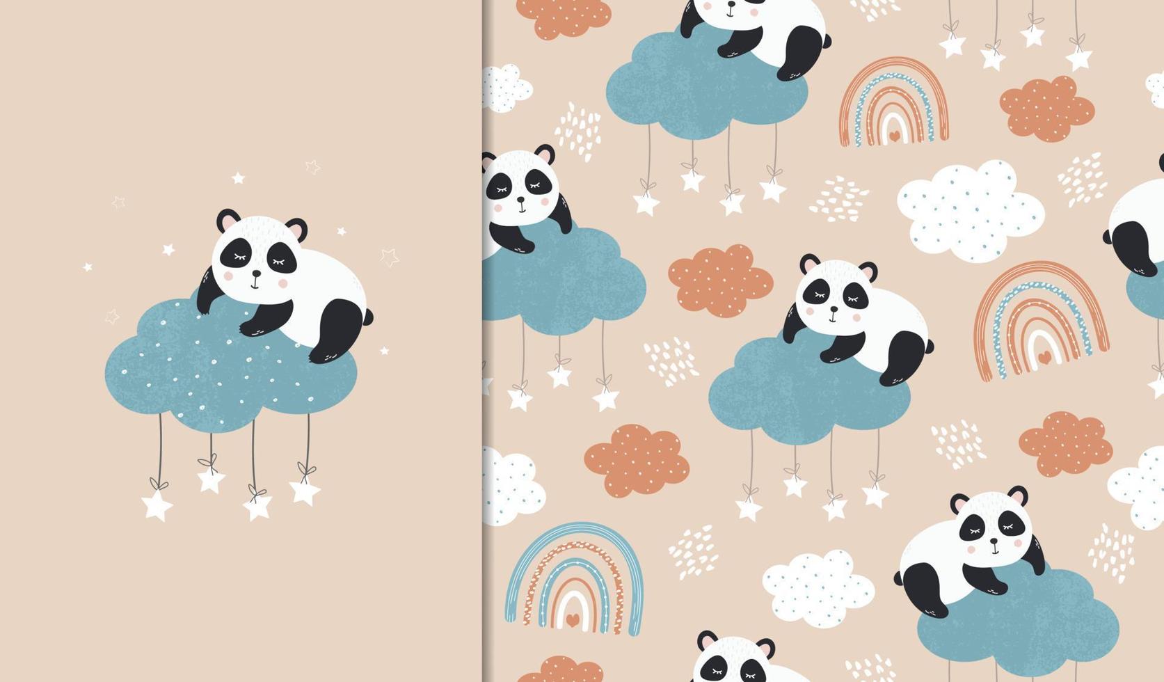 une affiche et un motif harmonieux avec un joli panda sur un nuage. illustration pour enfants pour affiches, textiles. vecteur