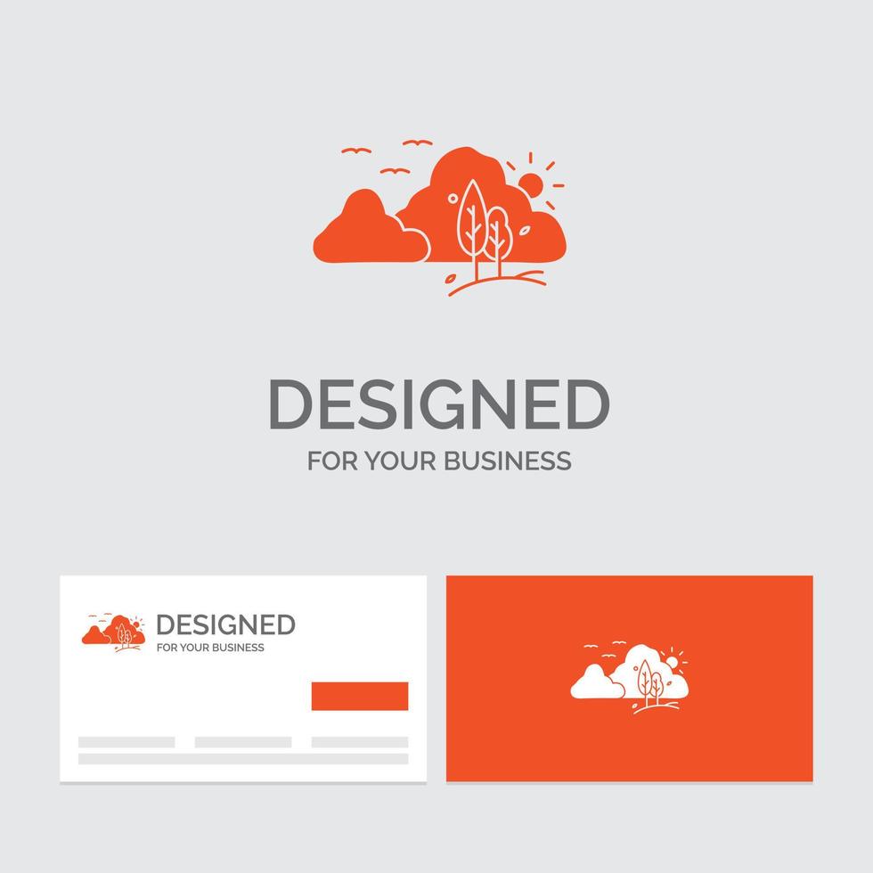 modèle de logo d'entreprise pour la montagne. paysage. colline. la nature. arbre. cartes de visite orange avec modèle de logo de marque. vecteur