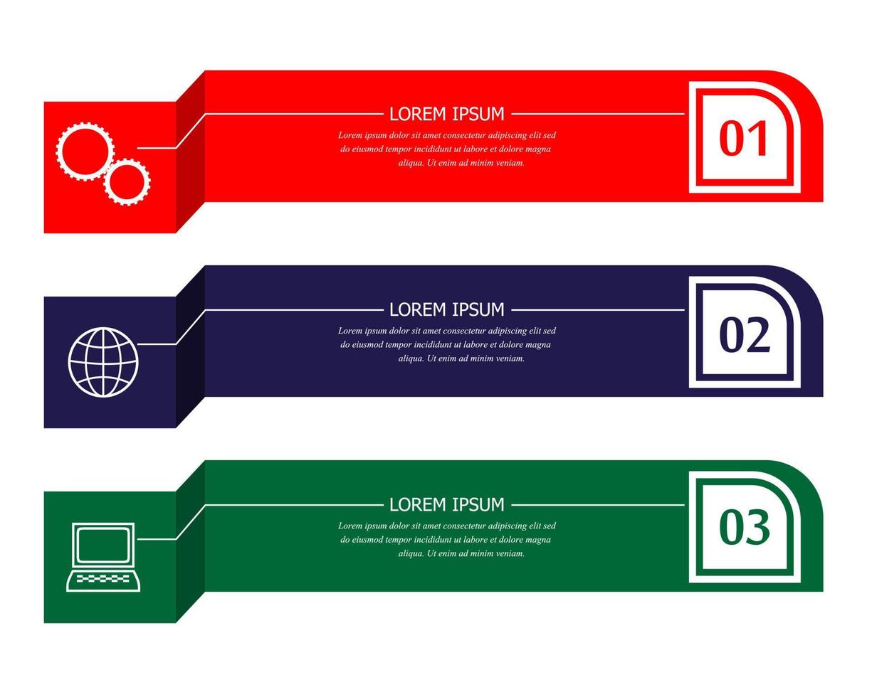 trois bannières de couleurs différentes avec du texte et des chiffres vecteur