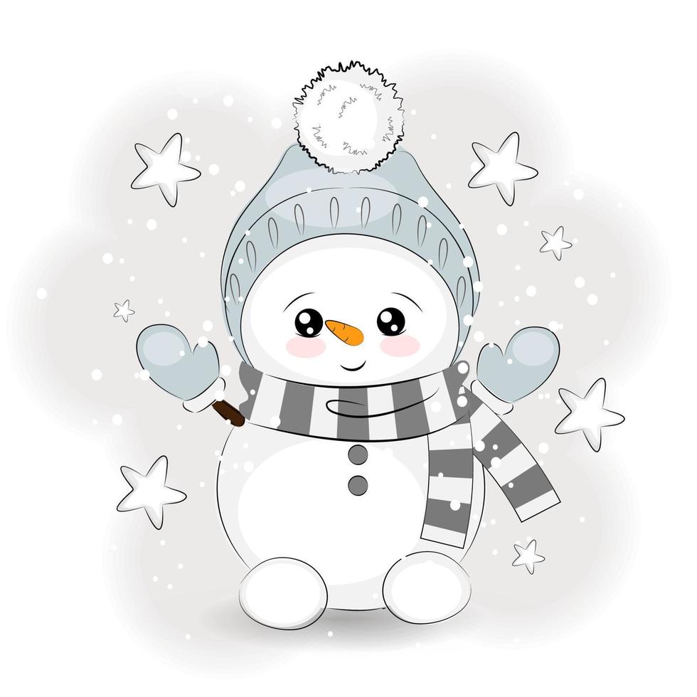 mignon bonhomme de neige de noël avec des étoiles vector illustration