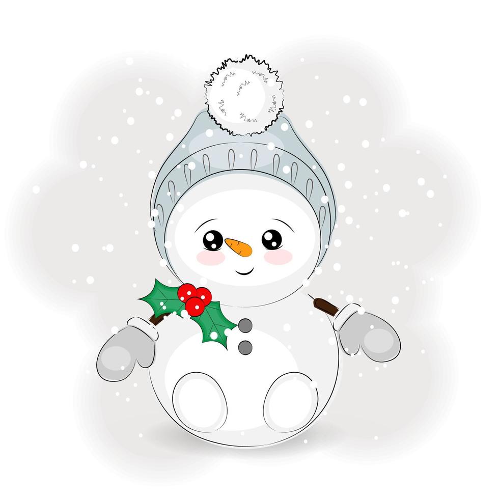 mignon bonhomme de neige de noël avec illustration vectorielle de feuille de houx vecteur