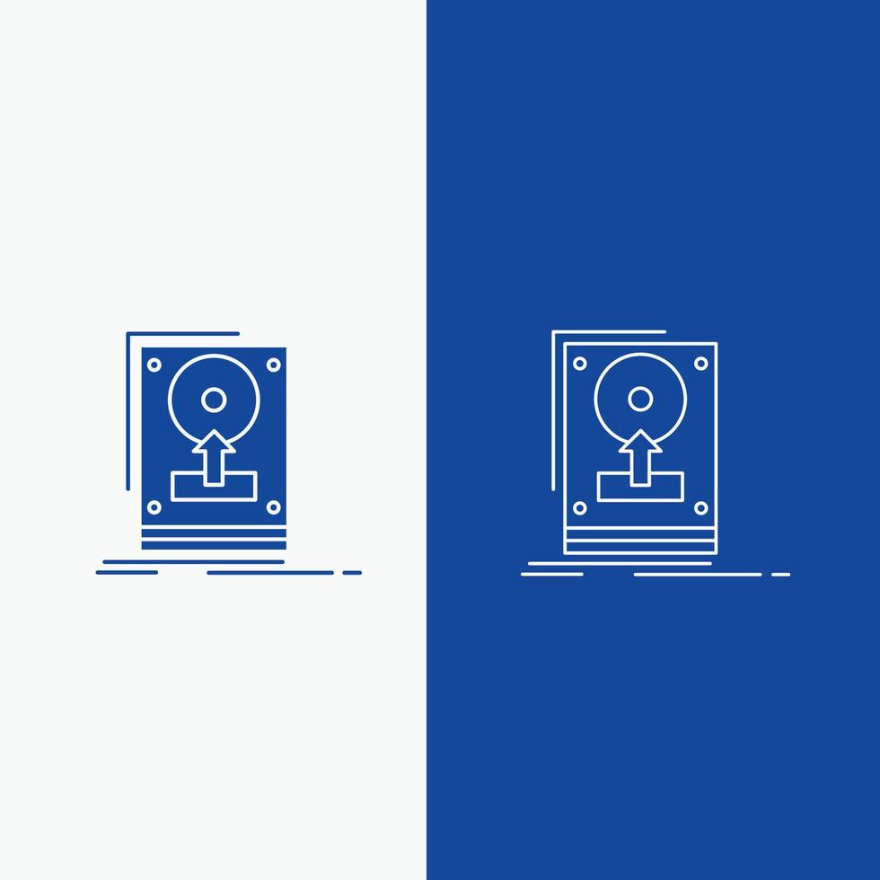 installer. conduire. disque dur. enregistrer. ligne de téléchargement et bouton web glyphe dans une bannière verticale de couleur bleue pour ui et ux. site web ou application mobile vecteur