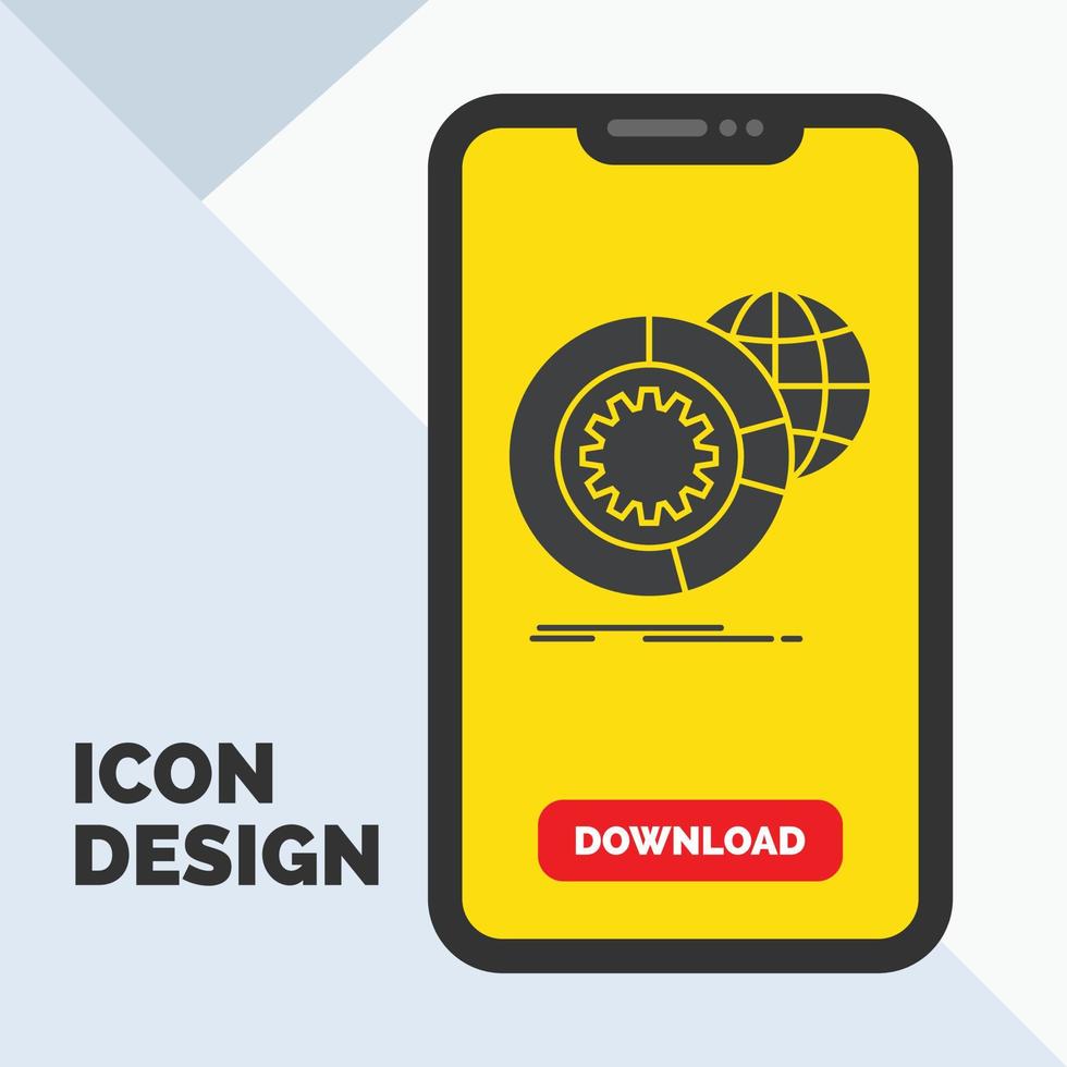 Les données. Big Data. une analyse. globe. icône de glyphe de services dans la page de téléchargement mobile. fond jaune vecteur
