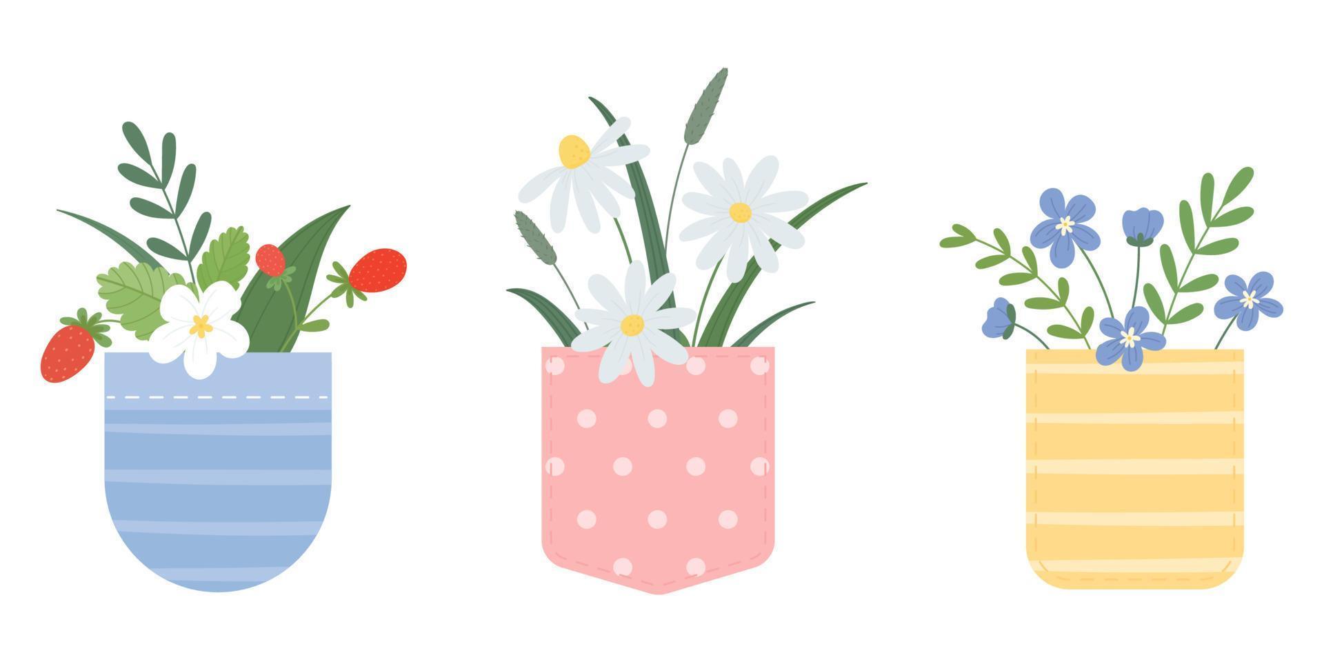 fleurs d'été dans une poche. poches multicolores avec une variété de bouquets. vecteur défini dans un style plat simple isolé sur fond blanc.