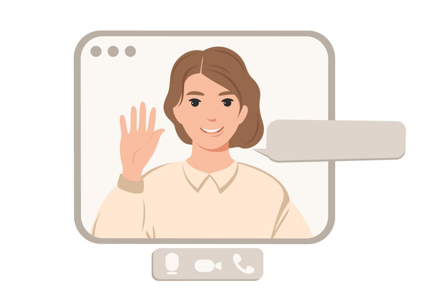 personnage de femme sur écran web avec fenêtre pour le texte. appel en ligne de vidéoconférence. formation en ligne ou concept de travail à domicile. illustration vectorielle. vecteur