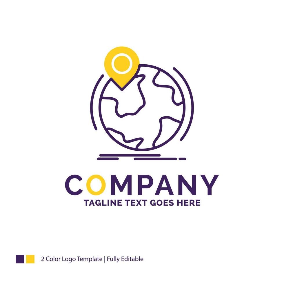 création du logo du nom de l'entreprise pour l'emplacement. globe. à l'échelle mondiale. broche. marqueur. conception de nom de marque violet et jaune avec place pour le slogan. modèle de logo créatif pour petites et grandes entreprises. vecteur