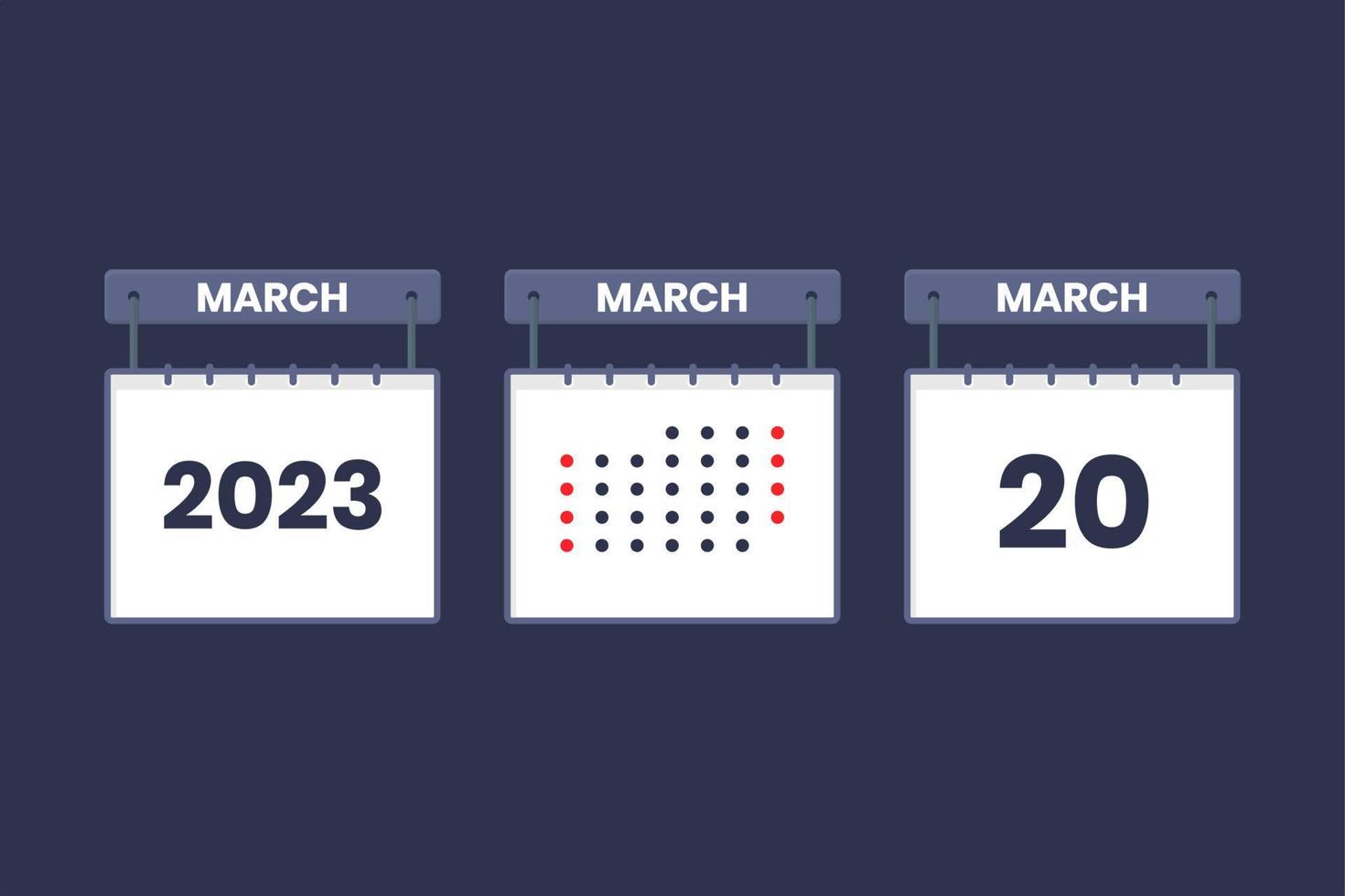 Conception du calendrier 2023 icône du 20 mars. Calendrier du 20 mars, rendez-vous, concept de date importante. vecteur