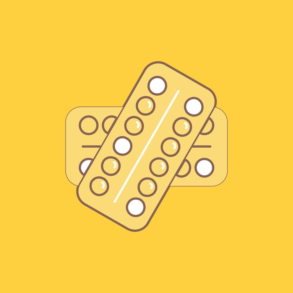 Médicament. pilule. drogues. tablette. icône remplie de ligne plate patient. beau bouton logo sur fond jaune pour ui et ux. site web ou application mobile vecteur