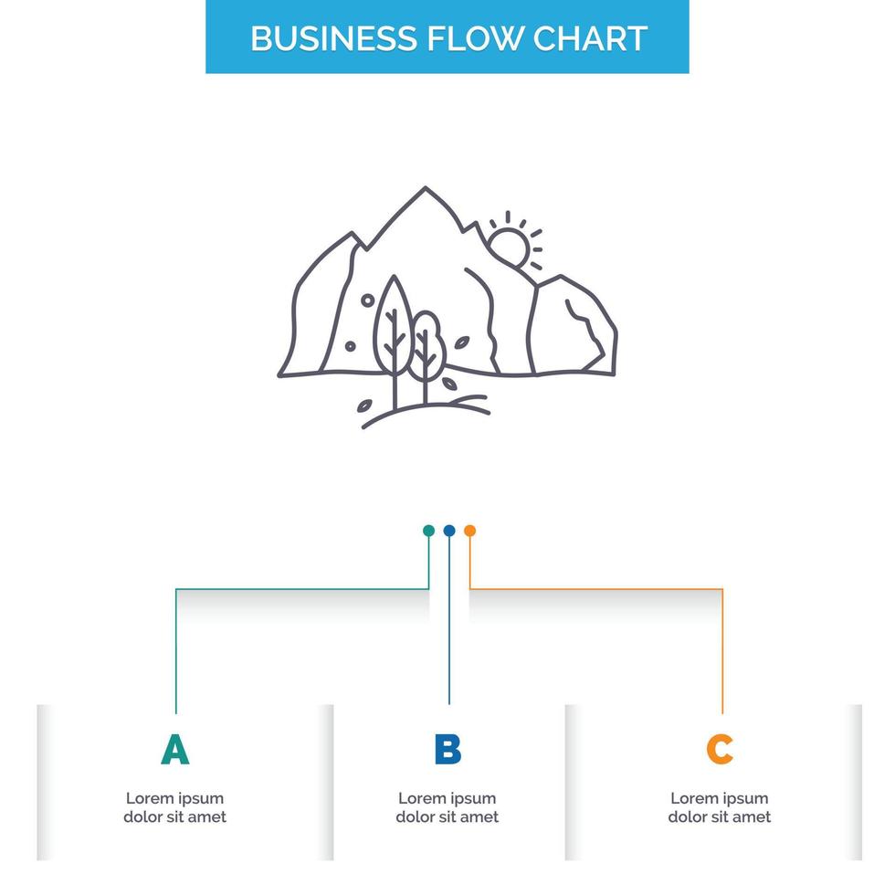 colline. paysage. la nature. Montagne. conception d'organigramme d'entreprise d'arbre avec 3 étapes. icône de ligne pour le modèle d'arrière-plan de présentation place pour le texte vecteur