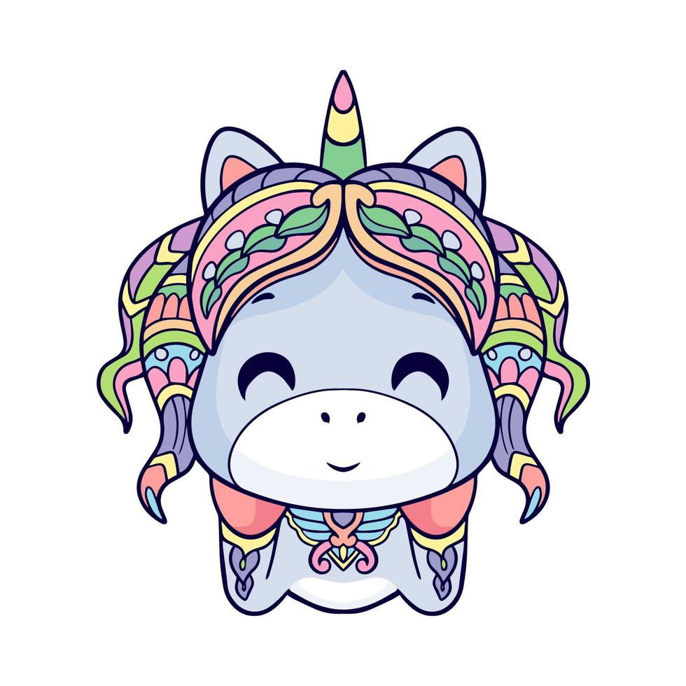 arts de mandala de dessin animé de licorne mignon coloré isolés sur fond blanc vecteur