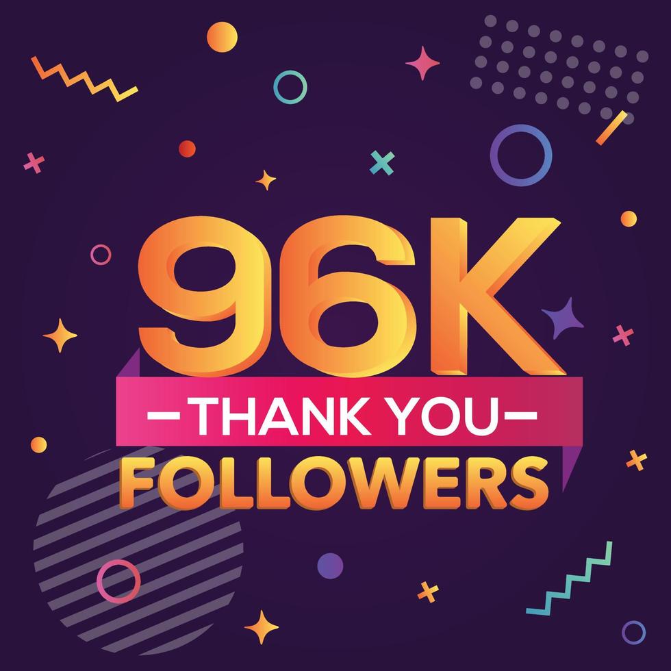 merci 96000 followers, merci banner.first carte de félicitations de 96k follower avec des figures géométriques, des lignes, des carrés, des cercles pour les réseaux sociaux.web blogger célèbre un grand nombre d'abonnés. vecteur