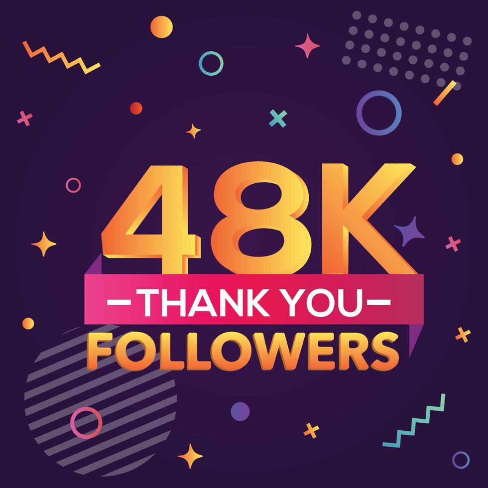 merci 48000 followers, merci banner.first carte de félicitations de 48k follower avec des figures géométriques, des lignes, des carrés, des cercles pour les réseaux sociaux.web blogger célèbre un grand nombre d'abonnés. vecteur