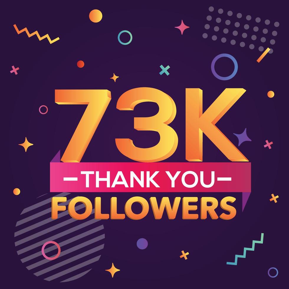 merci 73000 abonnés, merci banner.first 73k follower carte de félicitations avec des figures géométriques, des lignes, des carrés, des cercles pour les réseaux sociaux.web blogger célèbre un grand nombre d'abonnés. vecteur