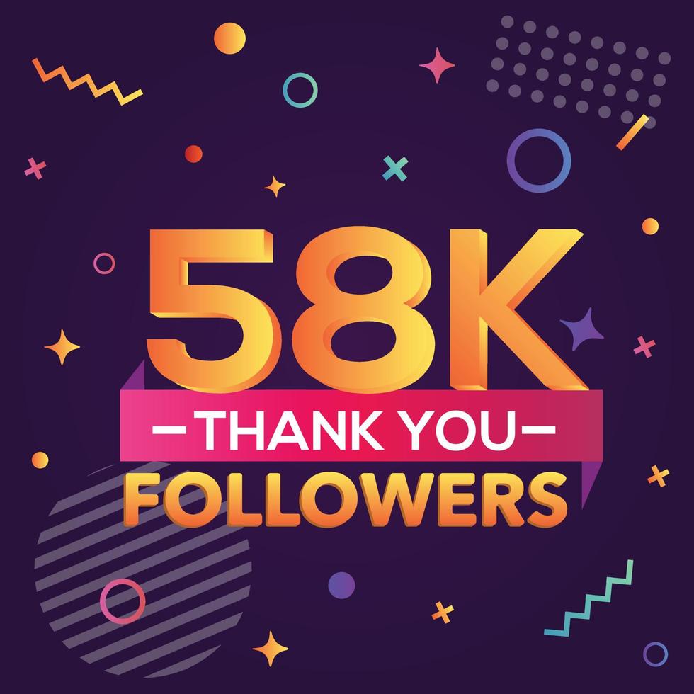 merci 58000 abonnés, merci banner.first 58k follower carte de félicitations avec des figures géométriques, des lignes, des carrés, des cercles pour les réseaux sociaux.web blogger célèbre un grand nombre d'abonnés. vecteur