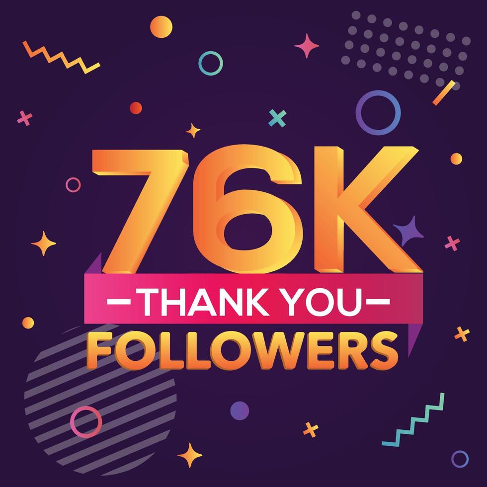 merci 76000 followers, merci banner.first carte de félicitations de 76k follower avec des figures géométriques, des lignes, des carrés, des cercles pour les réseaux sociaux.web blogger célèbre un grand nombre d'abonnés. vecteur