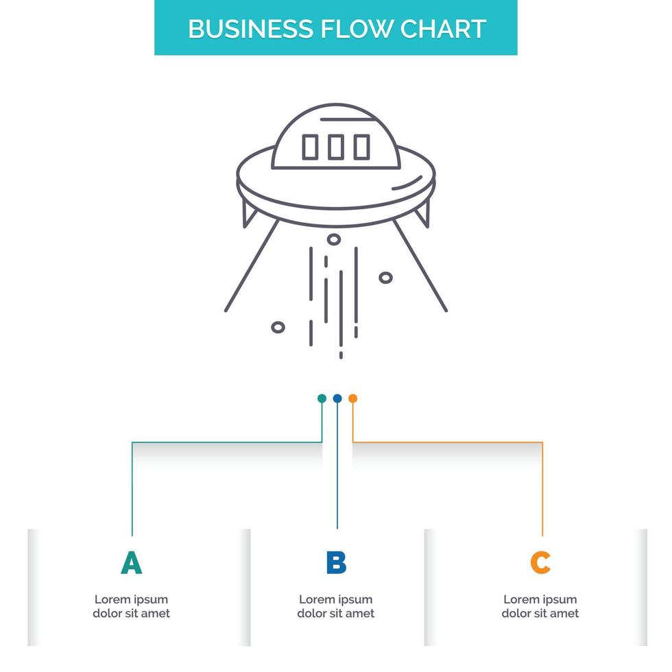 vaisseau spatial. espace. bateau. fusée. conception d'organigramme d'entreprise extraterrestre en 3 étapes. icône de ligne pour le modèle d'arrière-plan de présentation place pour le texte vecteur