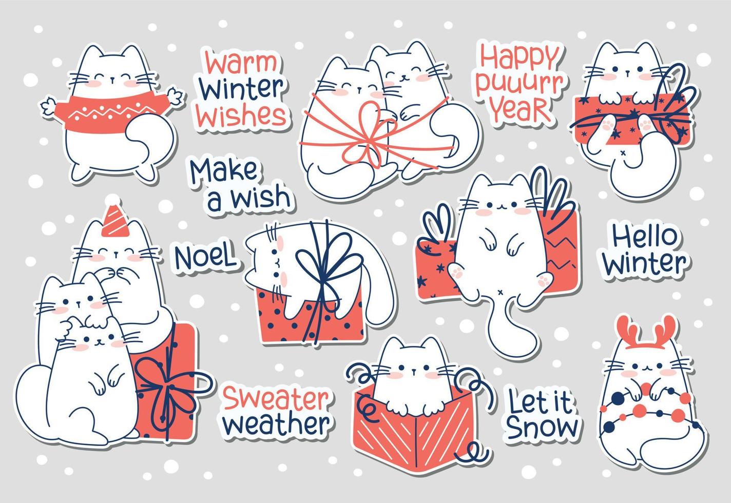 dessiner des autocollants drôles avec des chats pour noël et l'hiver collection de personnages d'illustration vectorielle chats drôles pour noël et nouvel an. style de dessin animé de griffonnage. vecteur