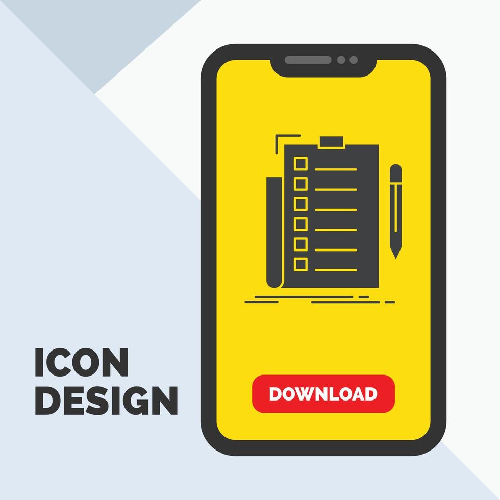 compétence. liste de contrôle. Chèque. liste. icône de glyphe de document dans la page de téléchargement mobile. fond jaune vecteur