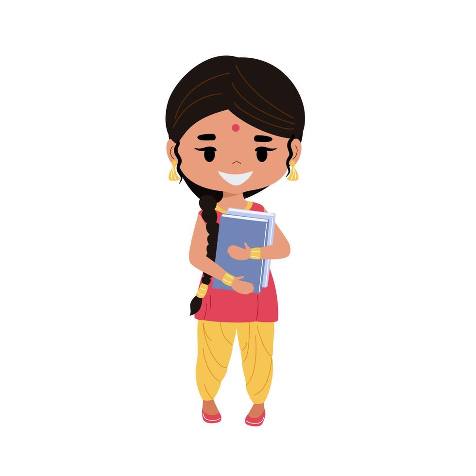 fille indienne en costume national tenant des livres. le concept de l'éducation en Inde. illustration vectorielle isolée sur fond blanc. vecteur