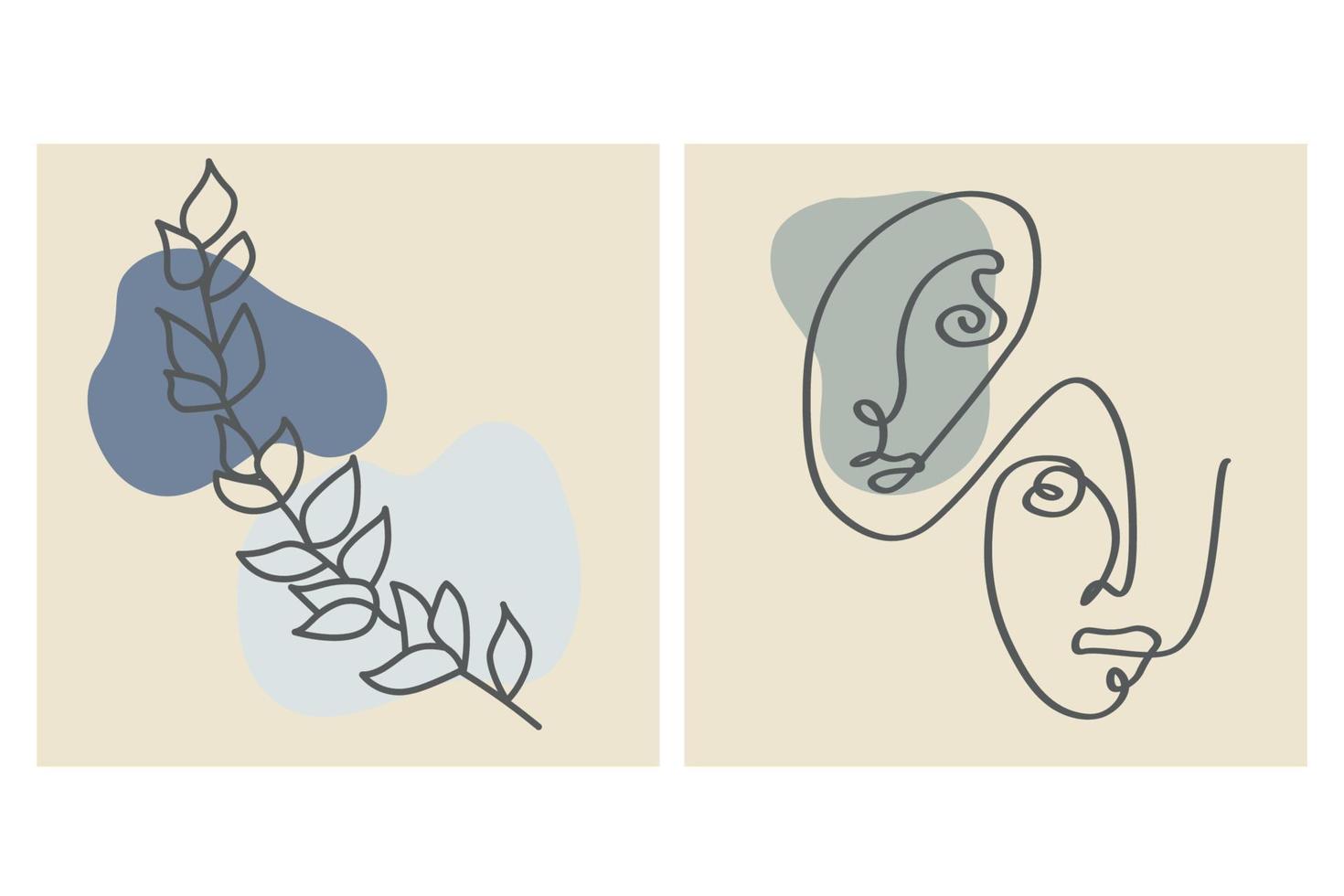 divers visages, feuilles et formes abstraites. illustrations vectorielles contemporaines sur fond de couleur. ligne, concept élégant minimaliste. parfait pour les médias sociaux, les cartes, les cartes postales. vecteur