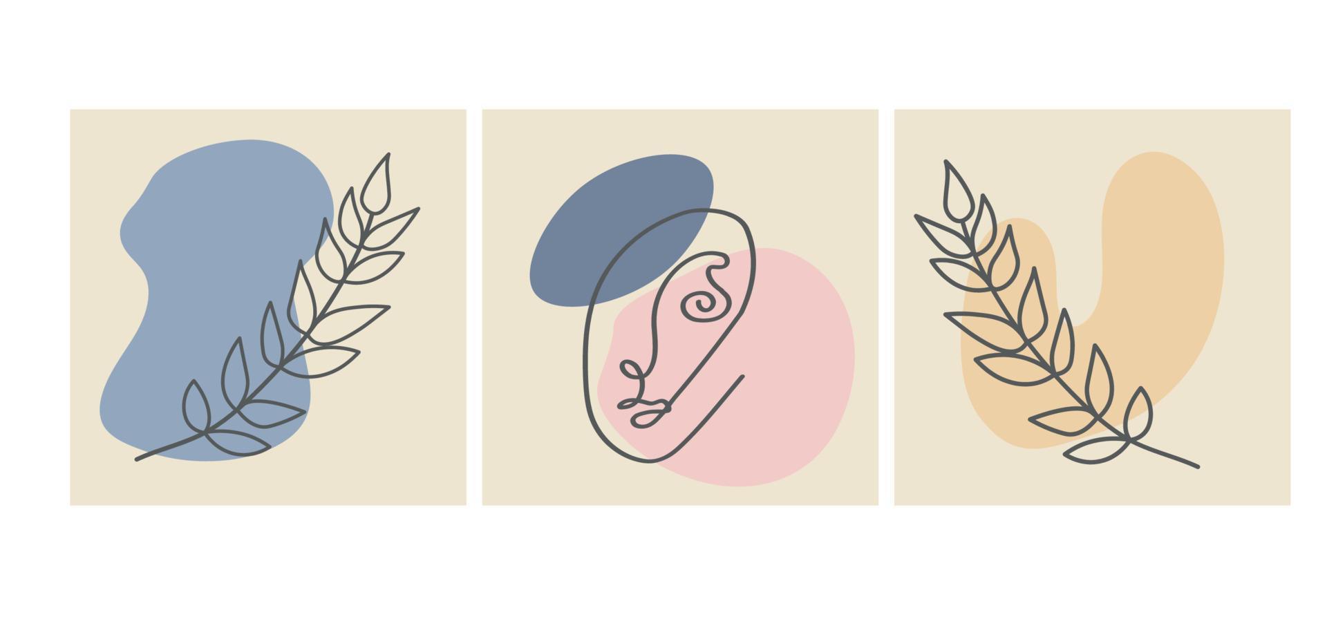 divers visages, feuilles et formes abstraites. illustrations vectorielles contemporaines sur fond de couleur. ligne, concept élégant minimaliste. parfait pour les médias sociaux, les cartes, les cartes postales. vecteur