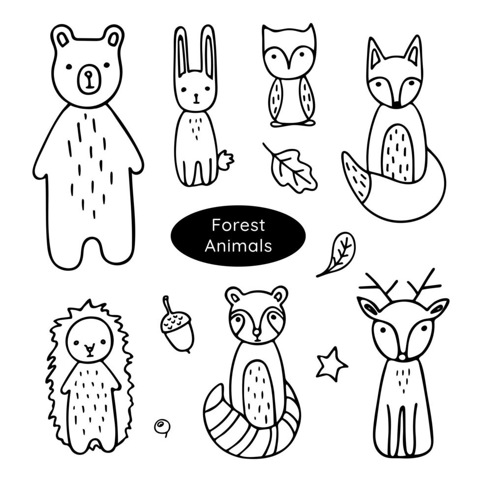 ensemble d'animaux des bois doodle. illustration vectorielle dessinés à la main habitants de la forêt isolés sur fond blanc. mignon ours, cerf, renard, lapin, raton laveur, hérisson et hibou. vecteur