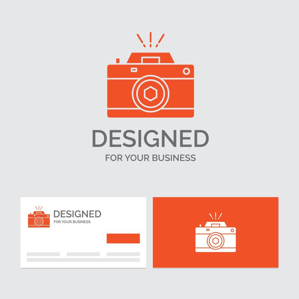 modèle de logo d'entreprise pour appareil photo. la photographie. Capturer. photo. ouverture. cartes de visite orange avec modèle de logo de marque. vecteur