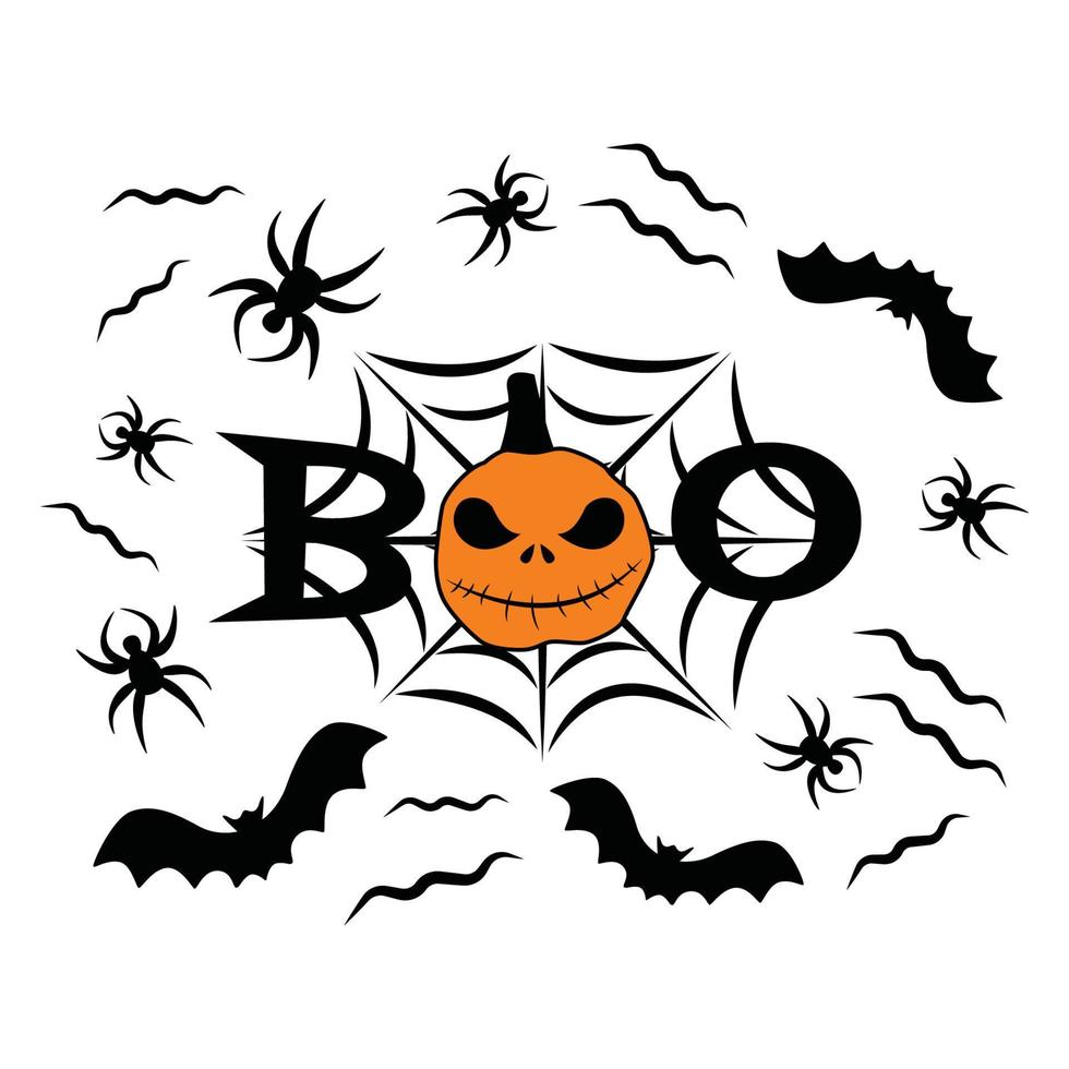 boo texte jack olantern en arrière-plan web avec chauve-souris, araignée. illustration de vecteur stock isolé sur fond blanc.