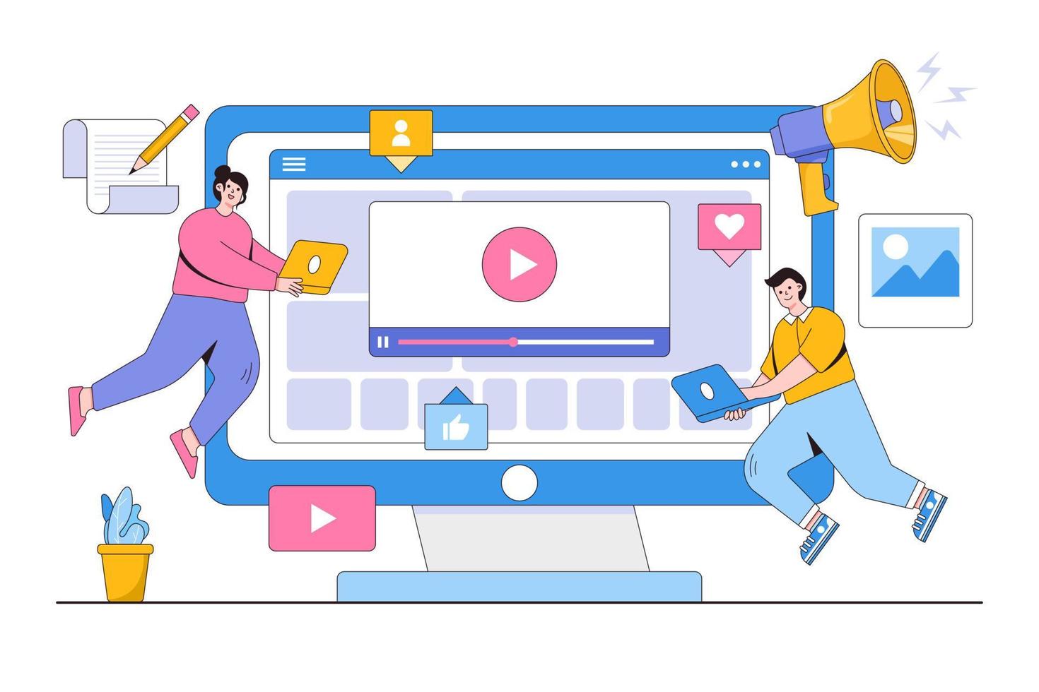 les personnes plates travaillant créent du contenu vidéo pour le marketing en ligne et gagnent de l'argent. illustration vectorielle minimale de style de conception de contour vecteur