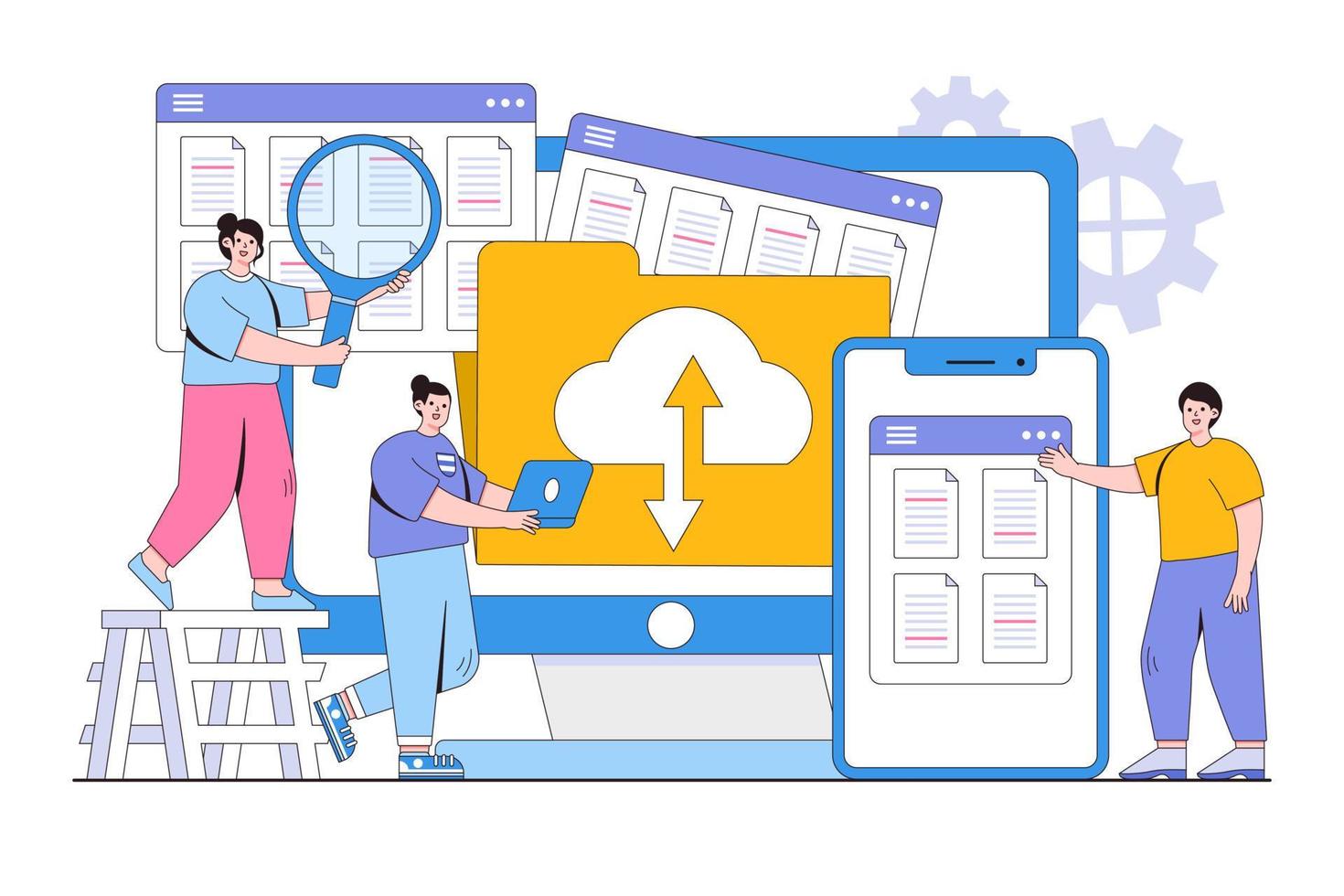 technologie d'entreprise plate, système de gestion de documents, sauvegarde de stockage, service de serveur cloud avec concept de travail d'équipe d'administrateur et de développeur. illustration vectorielle minimale de style de conception de contour vecteur