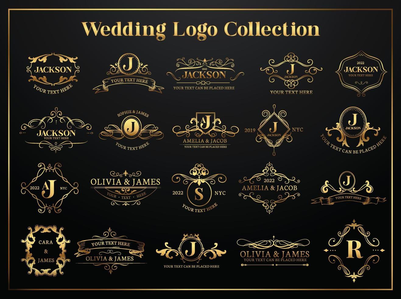 collection de logos de mariage doré premium vecteur