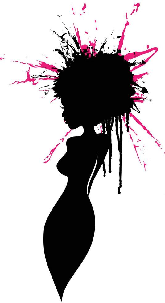 belle silhouette de profil de corps de dame. figure de femme bien roulée avec des éclaboussures de peinture de cheveux roses. vecteur