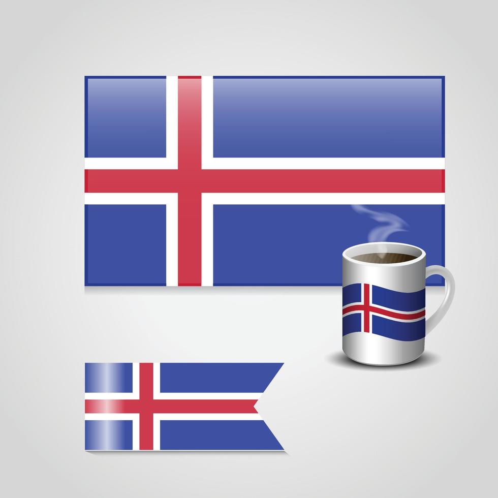 drapeau islandais imprimé sur une tasse à café et un petit drapeau vecteur