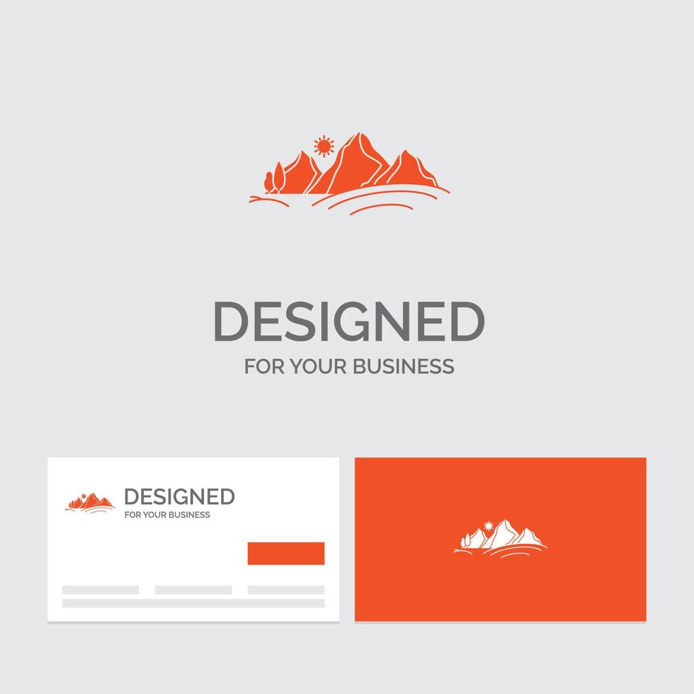 modèle de logo d'entreprise pour la colline. paysage. la nature. Montagne. Soleil. cartes de visite orange avec modèle de logo de marque. vecteur